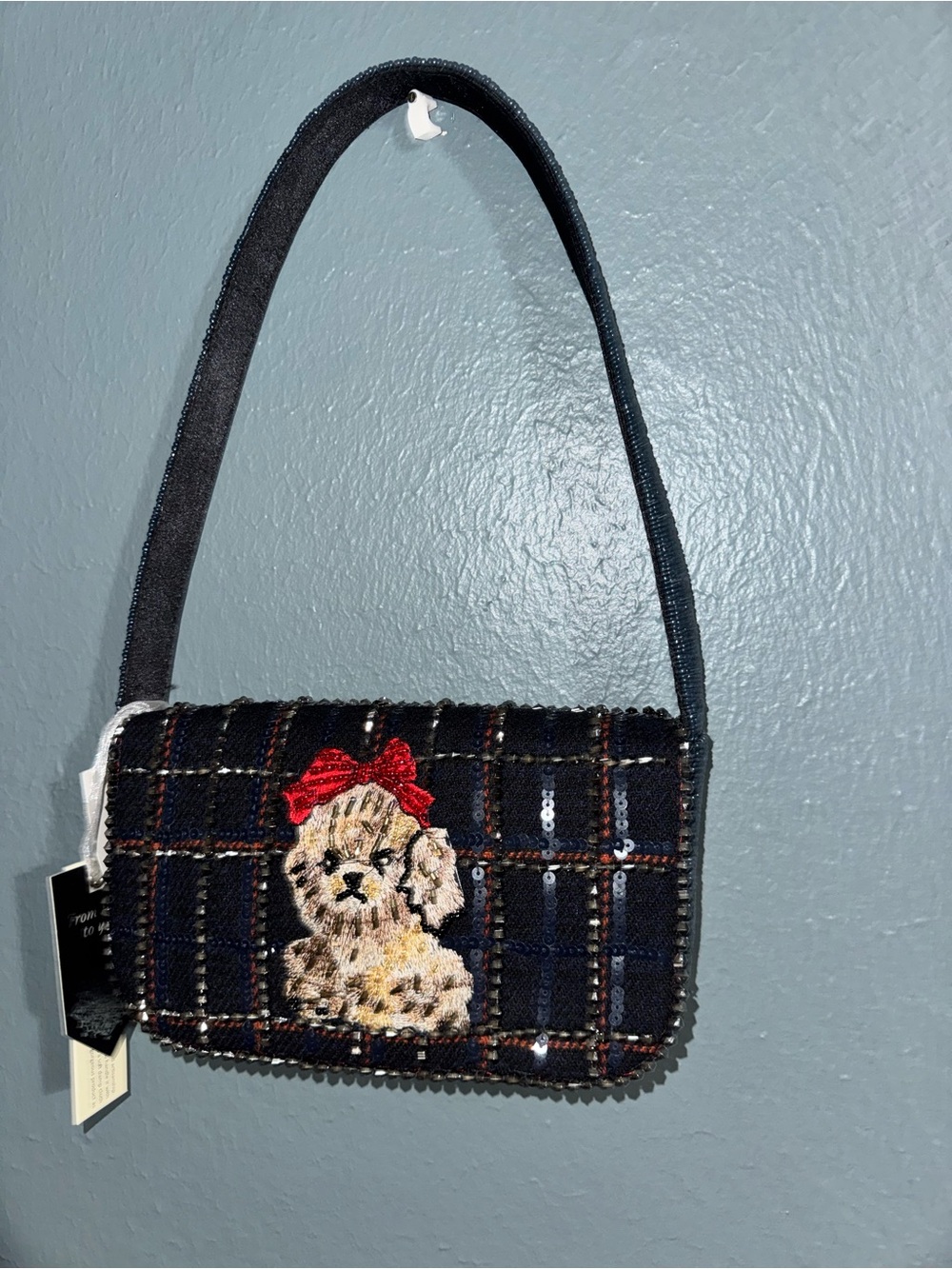 Plaid Mini Shoulder Bag with Embroidered Puppy